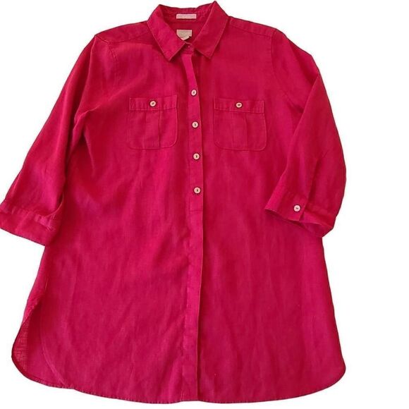 Chicos Womens No Iron Long Sleeve Button Front Tunic Top Pink Small - Picture 3 of 13